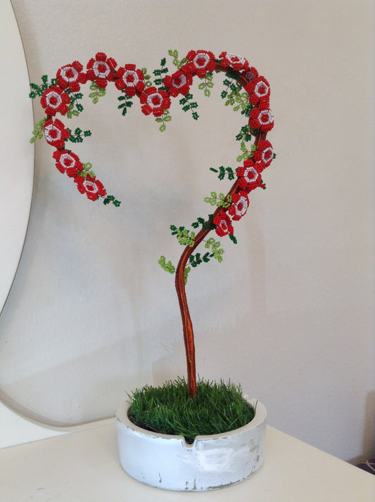 Red & White Flower Heart shaped Beeded Craft Decor