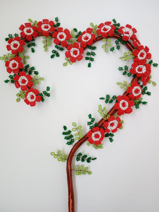 Red & White Flower Heart shaped Beeded  Craft Decor