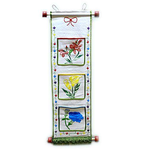 Hand-crafted Wall Hanger with 3 pockets ( hand stitched flowers )