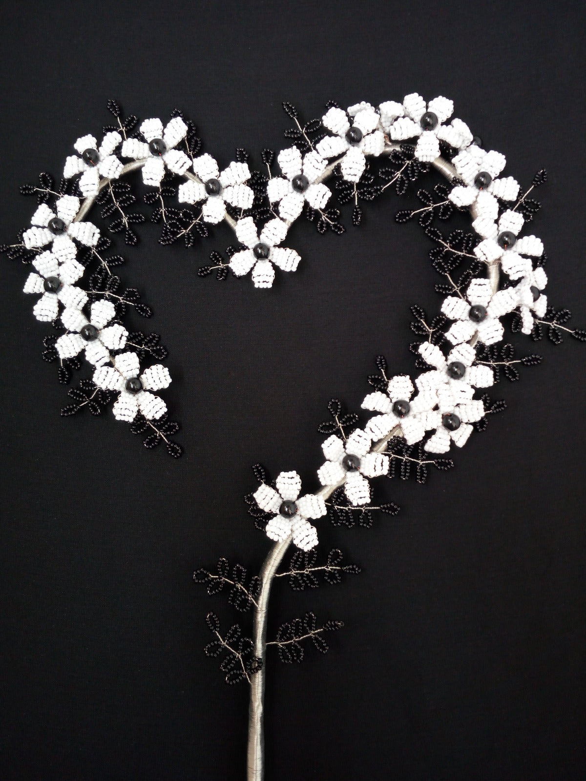 White & Black Flower Heart shaped Beeded Craft Decor